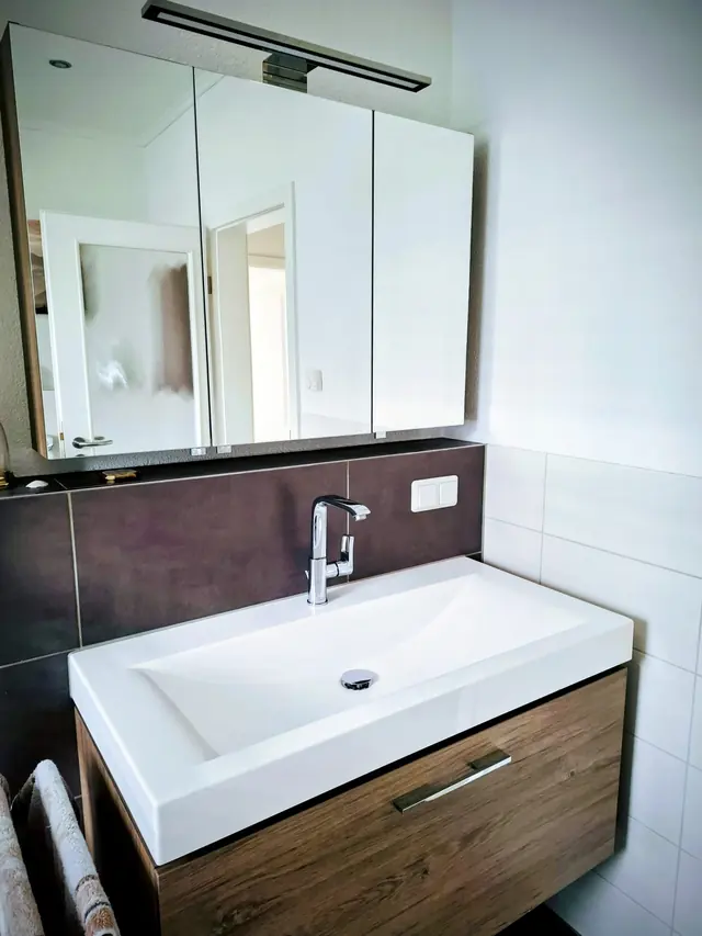 Badezimmer mit Spiegelschrank und gereinigtem Waschbecken